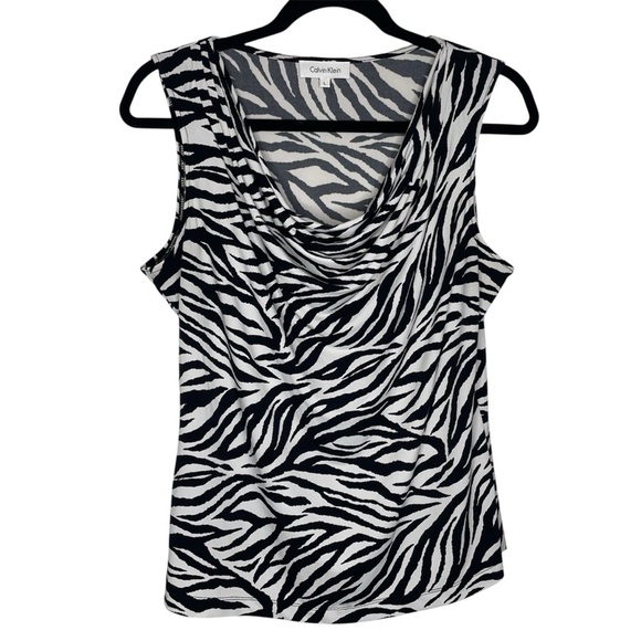 Calvin Klein Knit  Blouse SZ L Zebra Sleeveless Office Work Church Cowl Neck - Picture 1 of 9